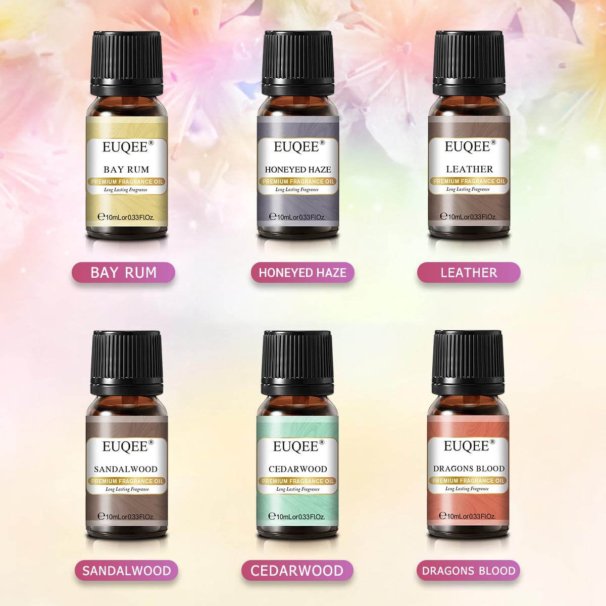 EUQEE 6PCS Fragrance Oils for Men, Men's Pubs Gift Set Premium Fragrance Oils -10ml-Leather, Honeyed Haze, Dragons Blood, Sandalwood, Bay Rum, Cedarwood (Men's Pubs)