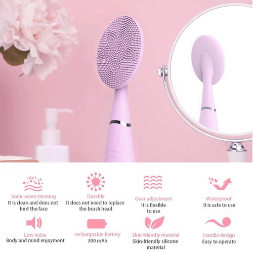 Sonic Facial Cleansing Brush, Lyrzzey Portable Handled Face Cleansing Brush with 5 Adjustable Speeds Vibrating Rechargeable Face Cleansing Brush for Deep Cleaning Gentle Exfoliating Massaging(Pink)