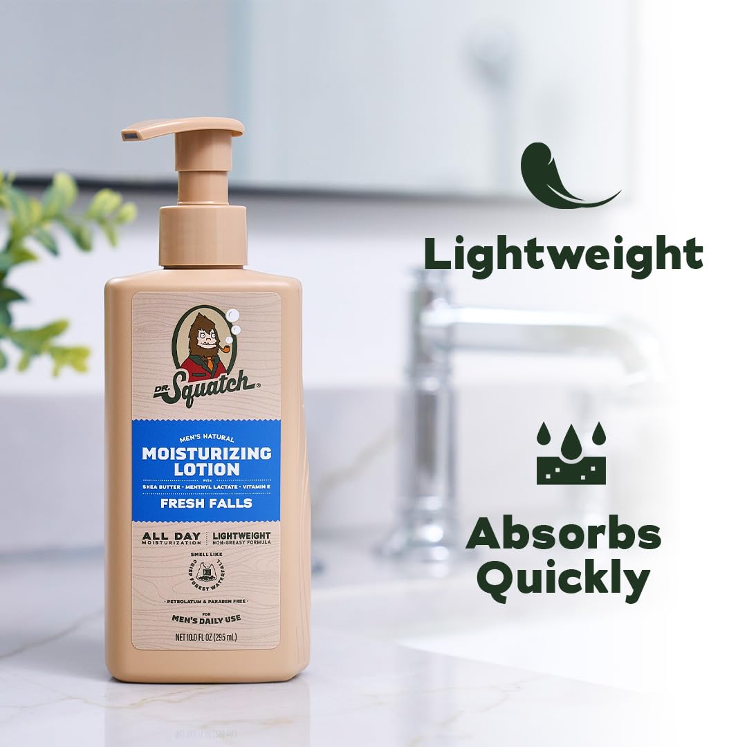 Dr. Squatch Natural Hand and Body Lotion for Men - Made with Shea Butter, Coconut Oil, Vitamin E for 24-Hr Moisturization - Pine Tar & Fresh Falls (10 fl oz, 2-Pack)