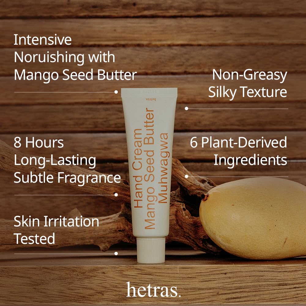 hetras. Perfume Hand Cream (Muhwagwa) – Fast-Absorbing Moisturizer for Dry Skin | 1.69 oz Travel-Size Non-Greasy Lotion | Nourishing Mango & Shea Butter | Long-Lasting K-Beauty Fig Accord Scent