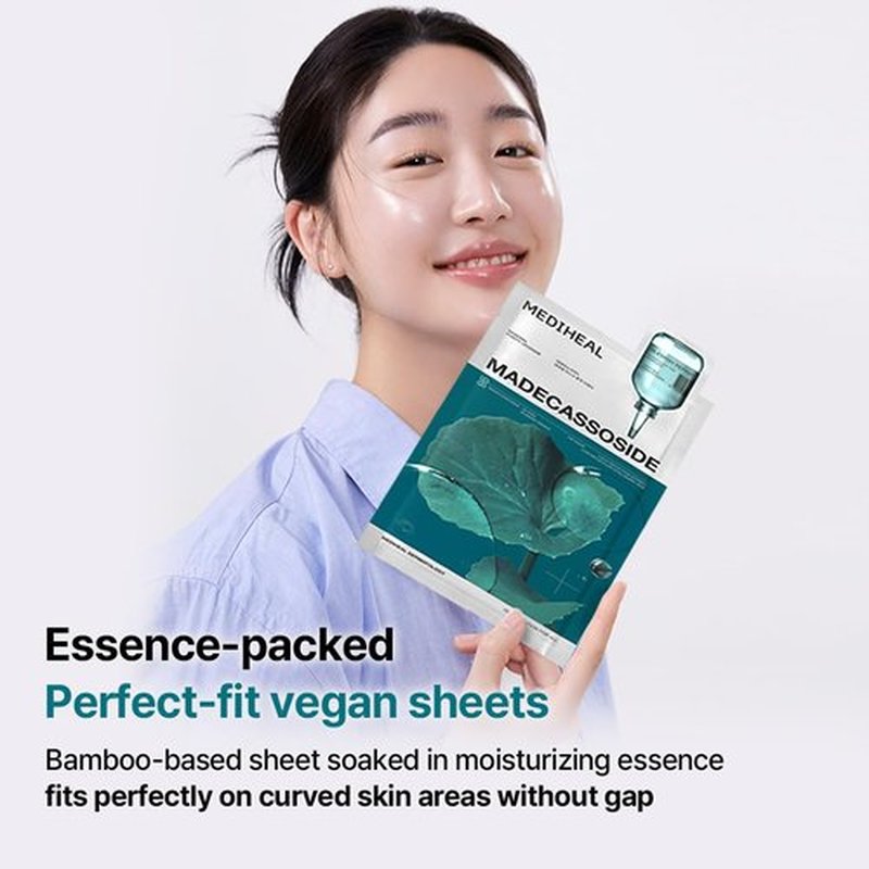 Mediheal Madecassoside Essential Sheet Mask Blemish Repair 4 pcs. 98% Purity Madecassoside & Hyaluronic Acid Included. Enhancing Moisture Barrier & Skin Texture Care. Vegan Formula Sheet Mask