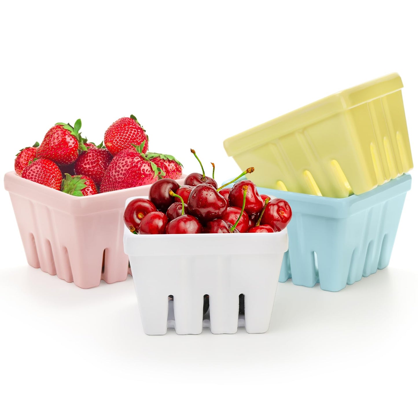 ZEAYEA Set of 4 Melamine Berry Basket, Berry Bowl With Holes, Square Kitchen Fruit Basket for Christmas, 4" Colander Cute Small Container for Strawberry, Grape, Cherry, Berries