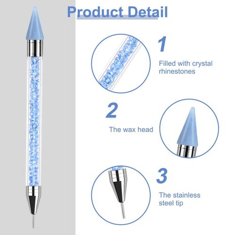 Jutqut Rhinestone Applicator Tool - Acrylic Handle Dual-Ended Wax Pen DIY Nail Art Tool with 2 Extra Wax Tips (Blue)