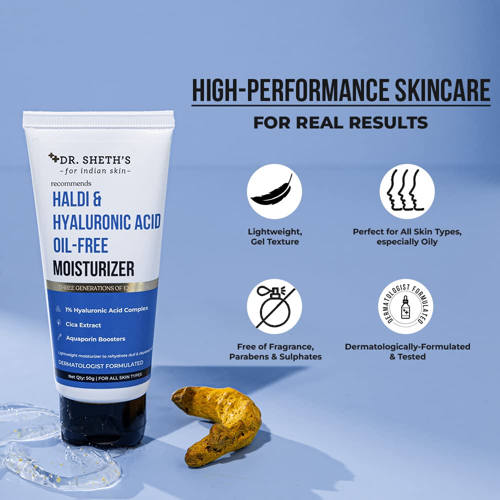 Dr. Sheth's Haldi & Hyaluronic Acid Oil-Free Moisturizer Lightweight Moisturiser Rehydrates Dull Skin With 1% Hyaluronic Acid, Cica Extract & Aquaporin Boosters For Women & Men 50G