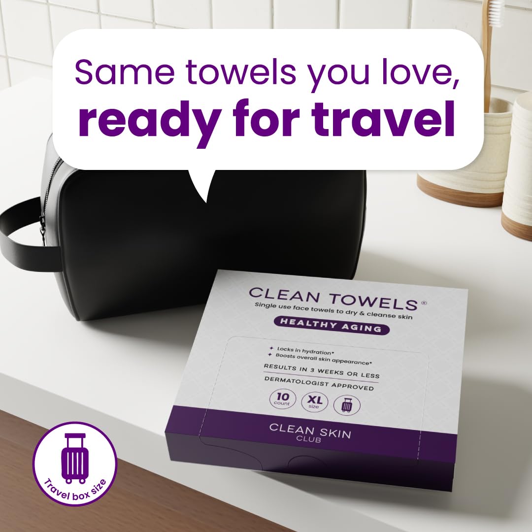 Clean Skin Club Healthy Aging Clean Towels® XL, Travel Pack, Smooths Fine Lines Wrinkles & Texture, Disposable Face Towels, Anti-Aging Dry Wipes, TSA-Approved Travel Essential (10 Count)