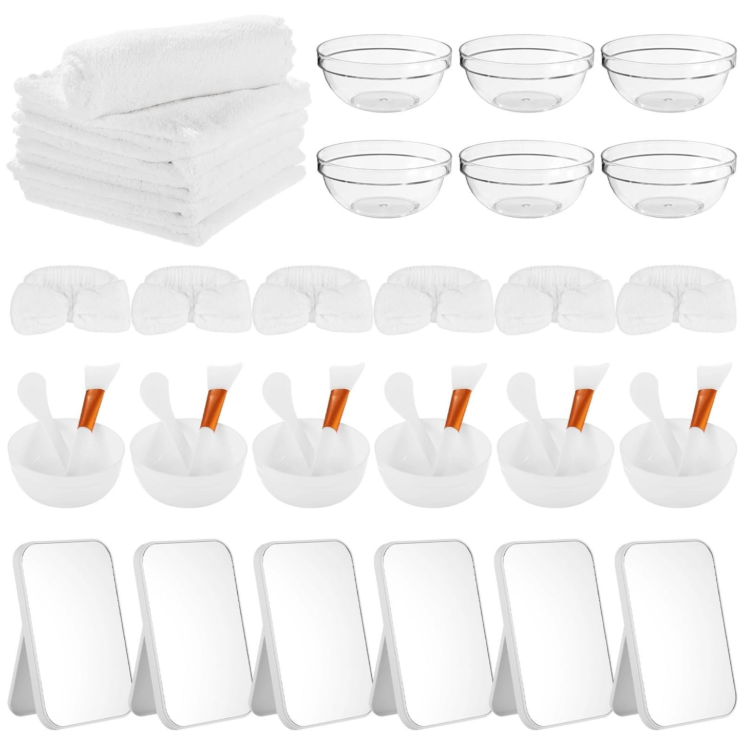 Lnrueg 6 Sets White Spa Party Supplies for Women, Facial Mask Bowl with Brush Spatula Headband Towel and Folding Mirror, DIY Spa Kit for Sleepover Bridal Shower Slumber Party Favor