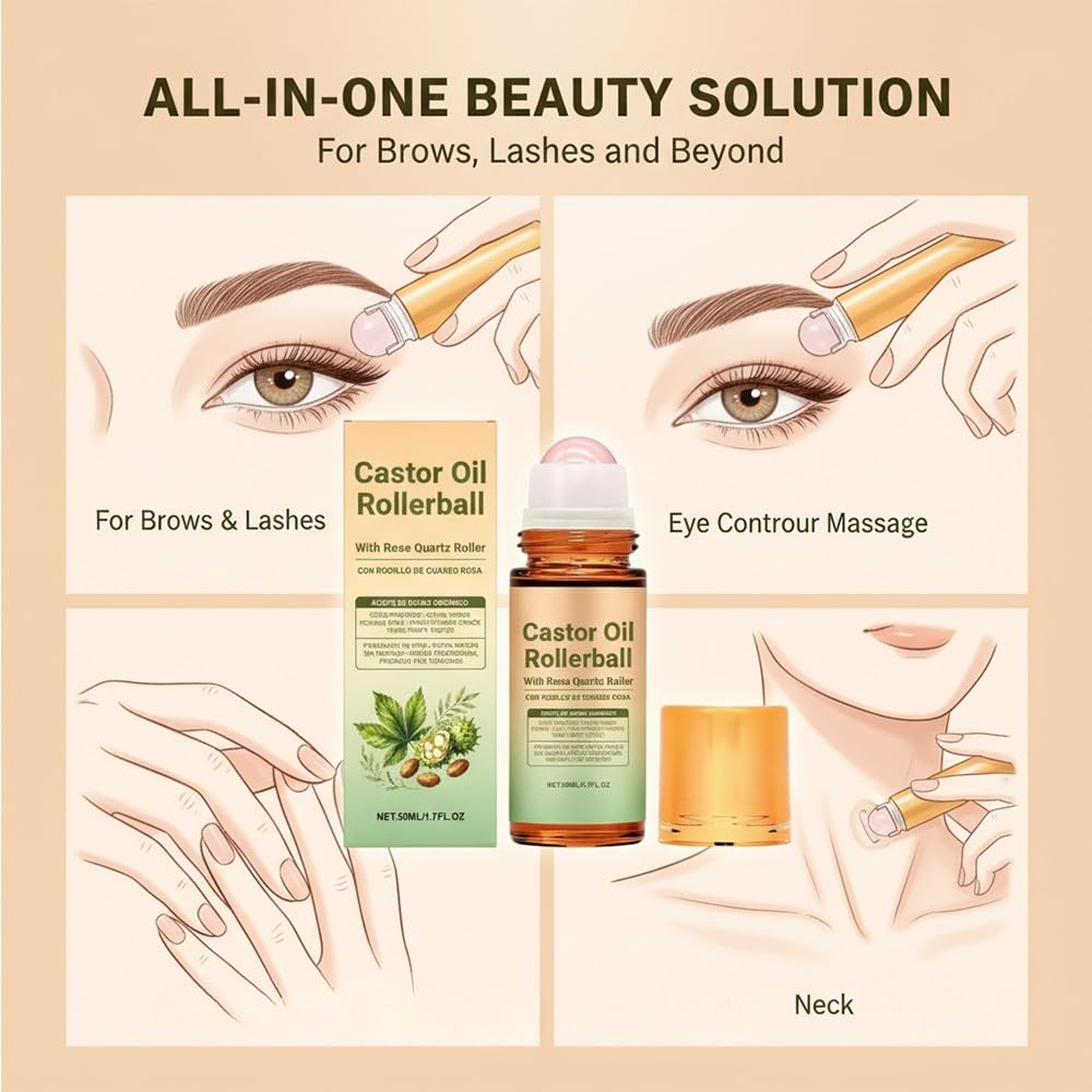 RAINPOT Organic Castor Oil Roll On with Rose Quartz Roller – 100% Cold Pressed Moisturizing Oil for Brows, Lashes, Face, Hairline & Dry Skin – Travel Friendly Leakproof Roller Bottle (2)