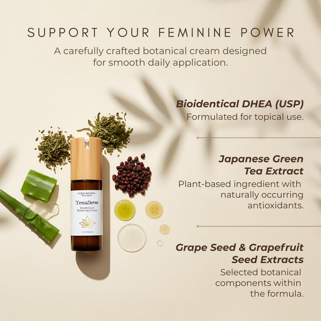 Glow Natural Wellness TestaDerm - DHEA Supplement Cream for Women - Plant-Derived Topical Balancing Cream - Unscented Formula with Botanicals - 1 fl oz (30ml)