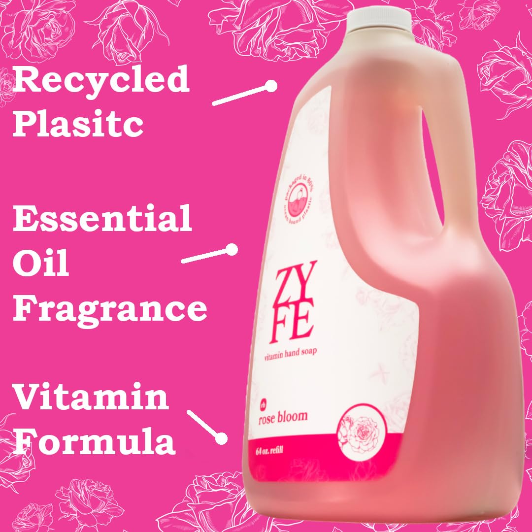 ZYFE 12 Bottle Case of Vitamin Hand Soap - Liquid Hand Soap - Natural Plant Derived Moisturizing Handsoap with Essential Oil Fragrance Rose Bloom - Wholesale Carton