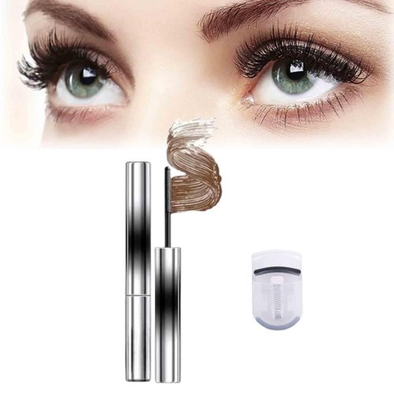 Iron Wand Mascara, Lashtitan Iron Wand Mascara, Waterproof Mascara for Sensitive Eyes, 3D Curling Eyelash Iron Mascara with Eyelash Curler, Long Lasting Bristleless Mascara (Brown, 1)