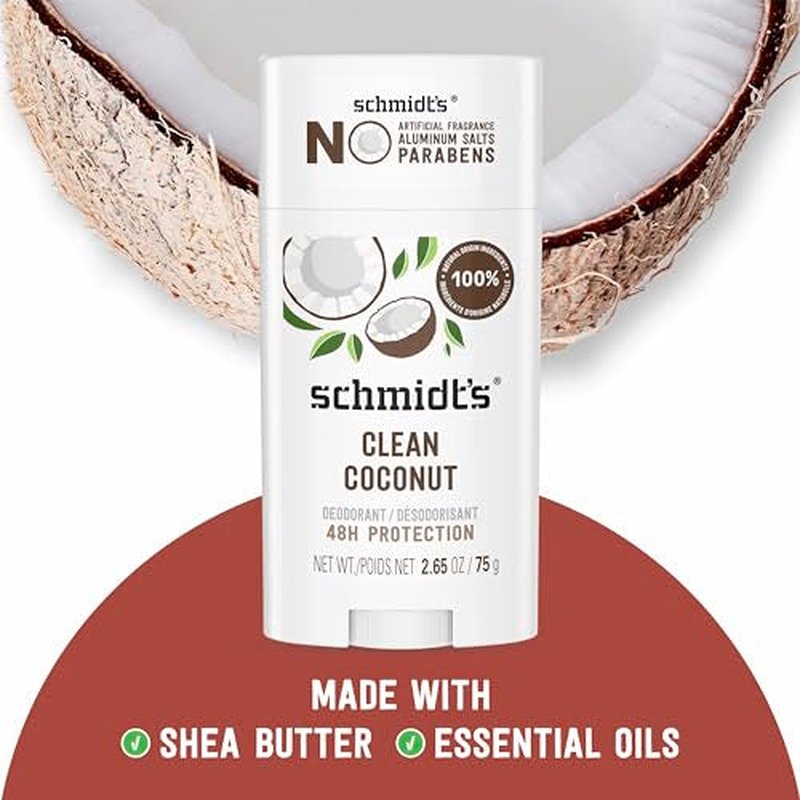 Schmidt's Aluminum-Free Vegan Deodorant Clean Coconut for Women and Men, with 24 Hour Odor Protection, Natural Ingredients, Cruelty-Free, 2.65 oz