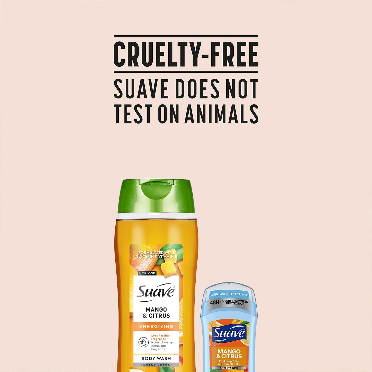 Suave Body Wash 2-Pack + Antiperspirant Deodorant, Mango & Citrus – Gentle Body Washes with Vitamin E & Anti-Staining Invisible Solid Deodorant Stick, 48H of Protection