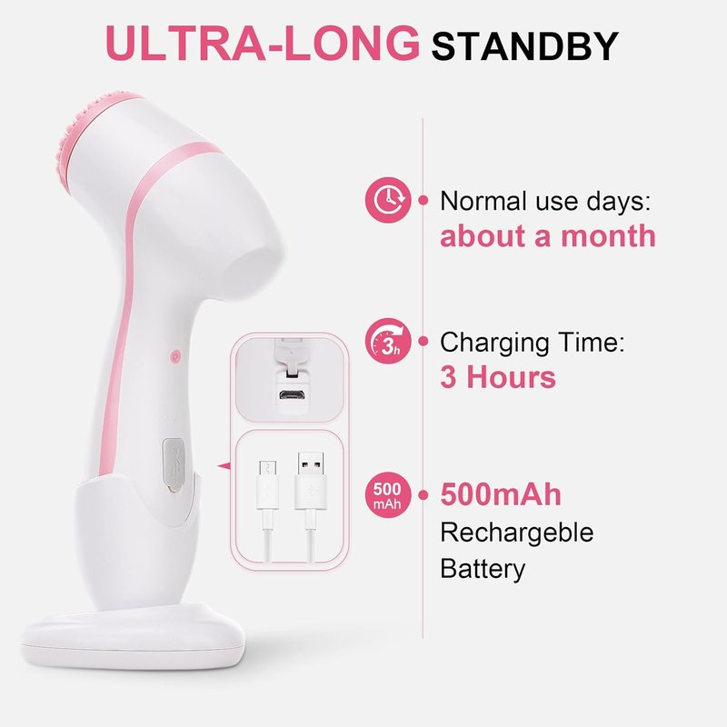 Electric Facial Cleansing Brush - 3-in-1 Waterproof Scrubber with 3 Brush Heads for All Skin Types | Rechargeable & Pink