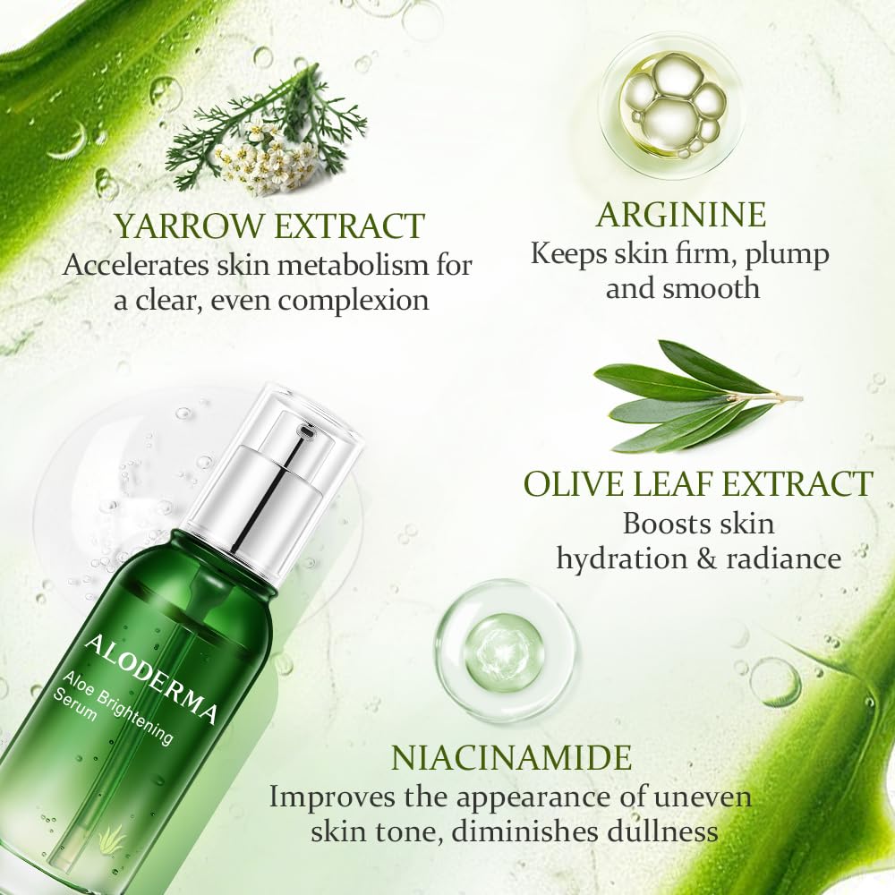 Aloderma Aloe Brightening Serum for Face Made with 65% Organic Aloe Vera + Niacinamide & Vitamin C for Bright, Luminous Skin - Natural Serum to Hydrate & Revitalize Dull, Tired Skin, 1.7oz
