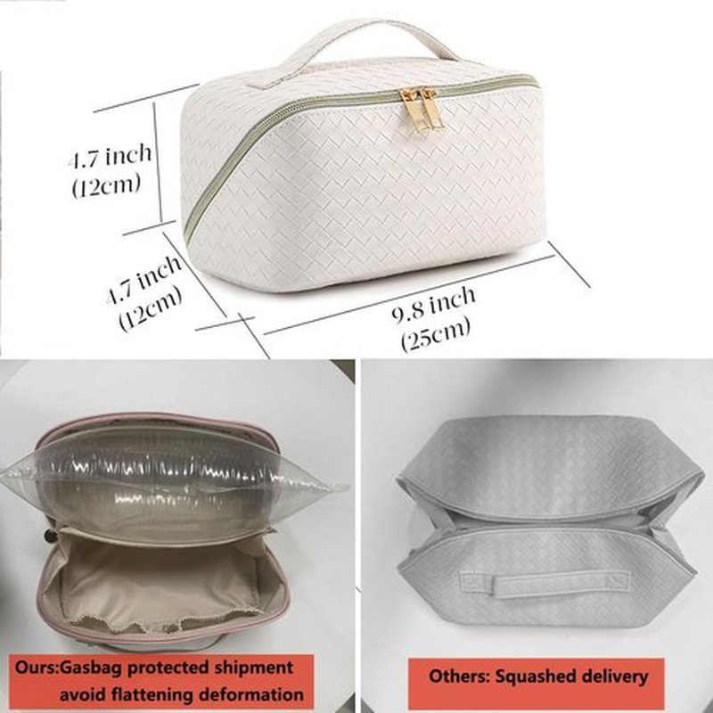 MINGRI Large Capacity Travel Cosmetic Bag for Women,Portable PU Leather Checkered Makeup Bag Water Resistant,Flat Open Multifunctional Storage Toiletry Bag with Divider and Handle (Woven-White)