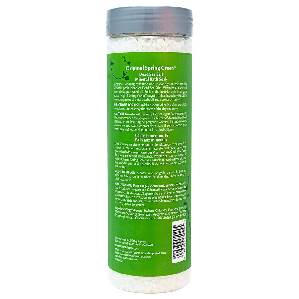 Vitabath Original Spring Green Mineral Bath Soak Reviving Muscle Recovery, Soreness, Tension Relaxing Dead Sea Salts & Skin Nourishing Botanical Oils for Women & Men - Cruelty-Free - 27 oz