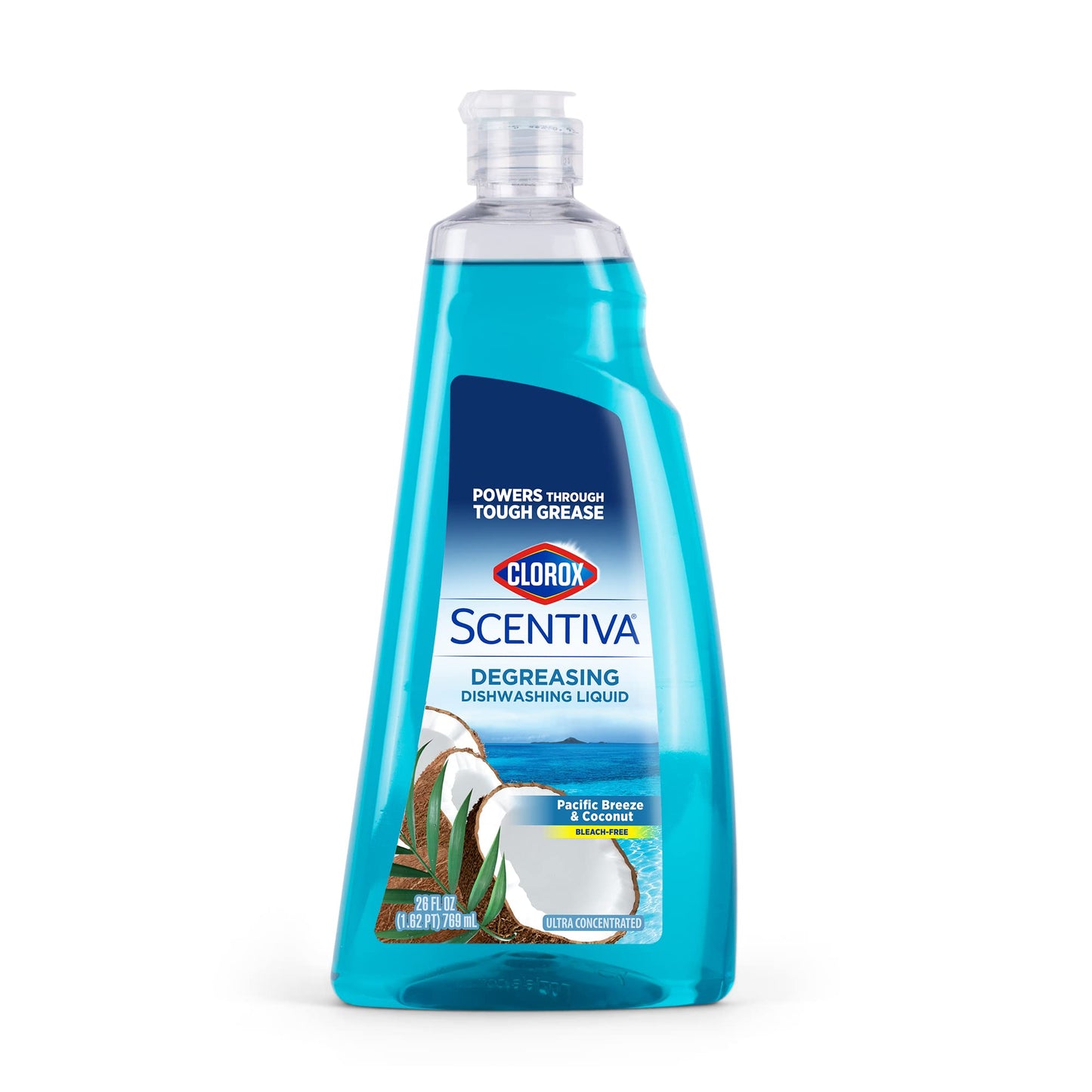 Clorox Scentiva Liquid Dish Soap, Pacific Breeze and Coconut Scent - Ultra-Concentrated Dishwashing Liquid That Cuts Through Grease and Food Residue, Bleach-Free, 26 Fl Oz