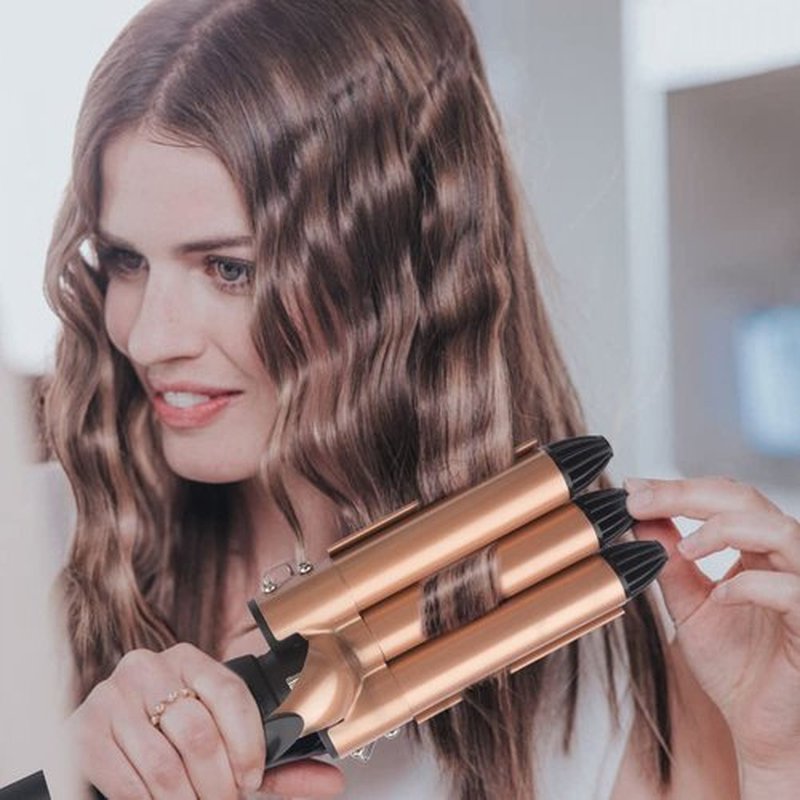 3 Barrel Wave Crimping Iron with LCD Display, 1 inch Ceramic Triple Barrel Beach Waver, Dual Voltage