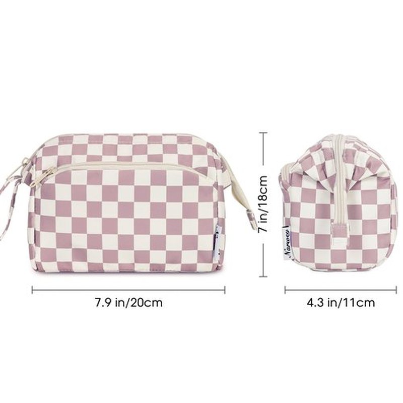 Narwey Checkered Makeup Bag Women Wide-open Make up Bag Travel Cosmetic Bag Organizer Toiletry Bag for Cosmetics Toiletries Accessories (Dusty Rose Checkerboard)