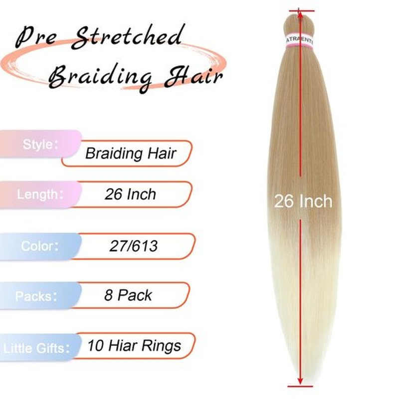 Ombre Braidng Hair 26 Inch 8 Packs Prestretched Braiding Hair, Pre Stretched Hair For Braiding, Yaki Texture Synthetic Hair For Knotless Box Braids Itch Free Hot Water Setting