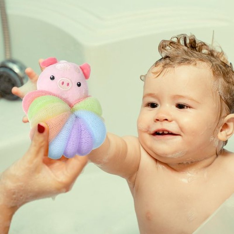 Nuenen 2 Pcs Bath Loofahs Kids Toddler Body Loofahs Cute Cartoon Kids Loofah Kid Bath Sponges Loofah Bath Pouf Body Scrubber Mesh Loofah Sponges for Children Shower Washing (Calf, Pig)