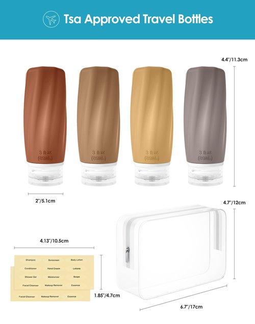 Morfone Travel Bottles for Toiletries, 3oz Tsa Approved Travel Size Containers Leak Proof Squeezable Travel Accessories Refillable for Shampoo Conditioner Lotion Liquids(Brown)