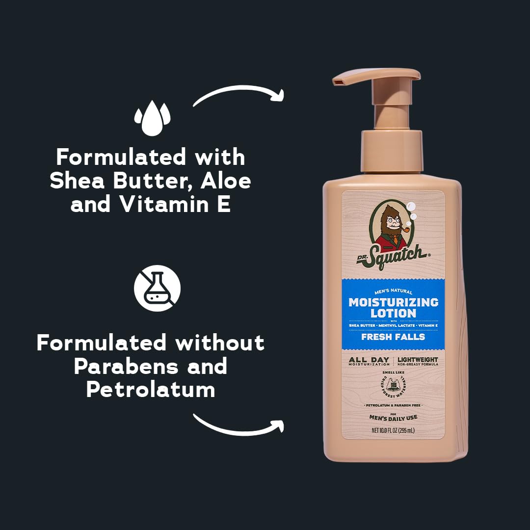 Dr. Squatch Natural Hand and Body Lotion for Men - Made with Shea Butter, Coconut Oil, Vitamin E for 24-Hr Moisturization - Pine Tar & Fresh Falls (10 fl oz, 2-Pack)