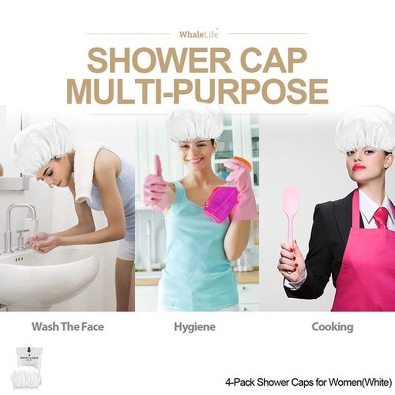 Shower Cap for Women Reusable Extra Large Shower Cap for Men (White 4 Pack Large) Satin Double Layer EVA Waterproof Long Hair Cap