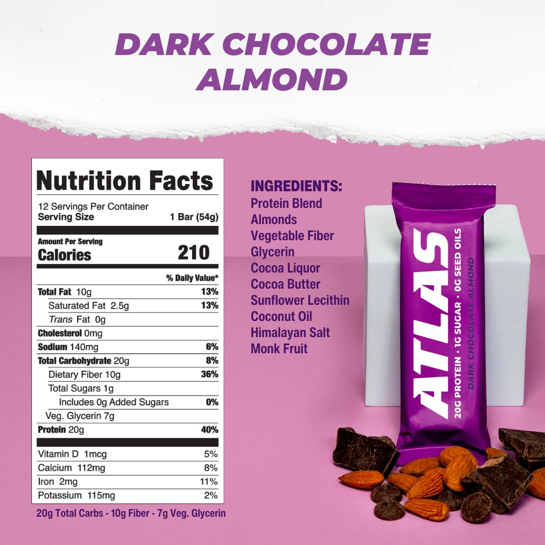 Atlas Real Food Protein Bar – 20g Protein, 10g Fiber, 1g Sugar, No Seed Oils, No Artificial Sweeteners (Variety, 4 Count)