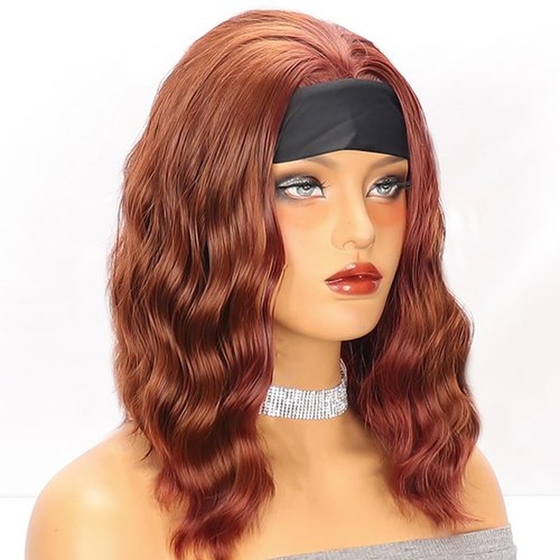 Gusif Auburn Brown Headband Wig Short Bob Wavy Wigs for Black Women Natural Hairline Bob Wig Glueless Shoulder Length Synthetic Wig (Auburn Brown)