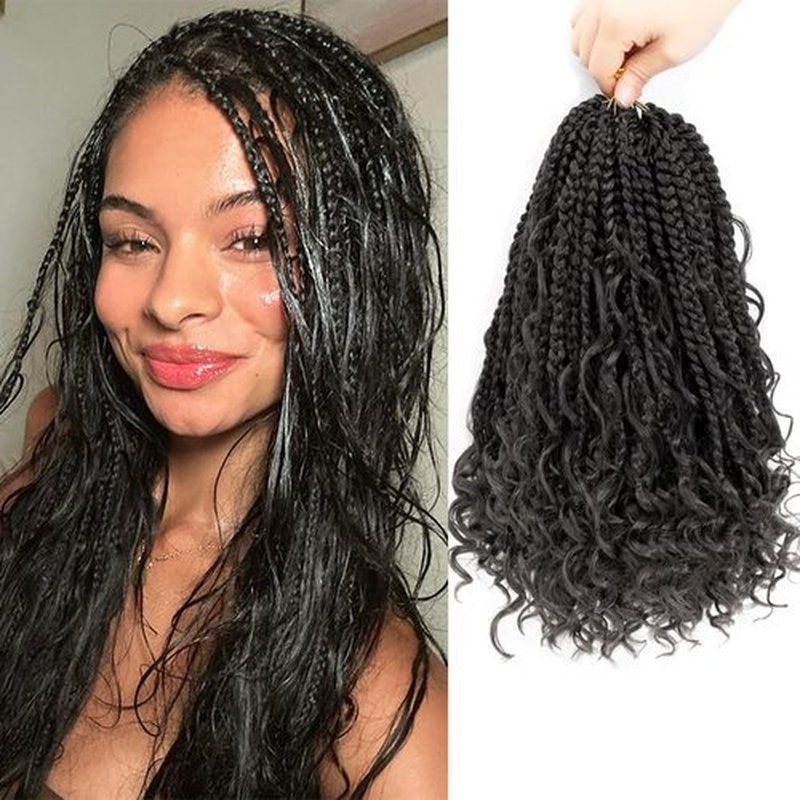 Boho Box Braids 12 Inch Crochet Hair Bohemian Crochet Box Braids with Curly Ends Goddess Box Braids Synthetic Crochet Hair for Black Women (#1B, Pack of 7))