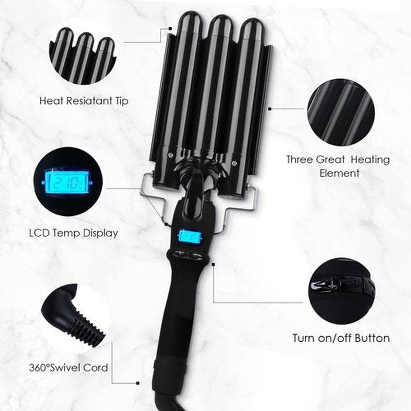 BLUETOP Three Barrel Curling Iron, Ceramic Hair Waver with LCD Display, Adjustable Temp Triple Barrel Crimper Hair Tool, Fast Heating Iron, Wavy Hair, Dual Voltage, 1 Count (Pack of 1)