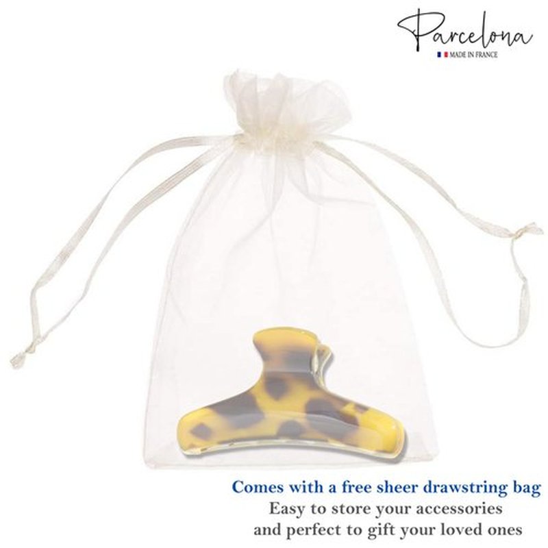 Parcelona French Flat Salon Style Medium 3 1/4" Celluloid Covered Spring No Slip Grip Jaw Hair Claw Durable Styling Paris Hair Accessories Women Strong Hold Girls Hair Claw Clips, Made in France (Light Savana)