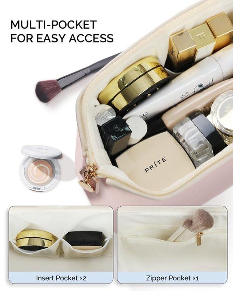 Prite Travel Makeup Bag, PU Leather Waterproof Cosmetic Organizer, Large Wide-open portable Toiletry Bag with Handle(Pink)