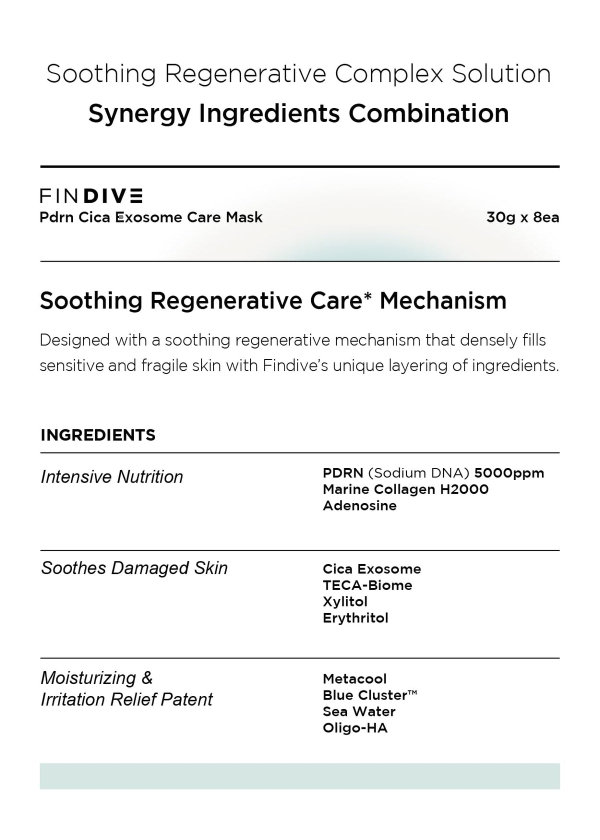 FINDIVE OFFICIAL PDRN CICA Exosome Care Mask, PDRN (Sodium DNA) 5,000ppm, Cica Exosome, Marin Collagen, Soothes, Regenerates Skin, Korean Skincare 1.05fl.oz* 8 Sheets