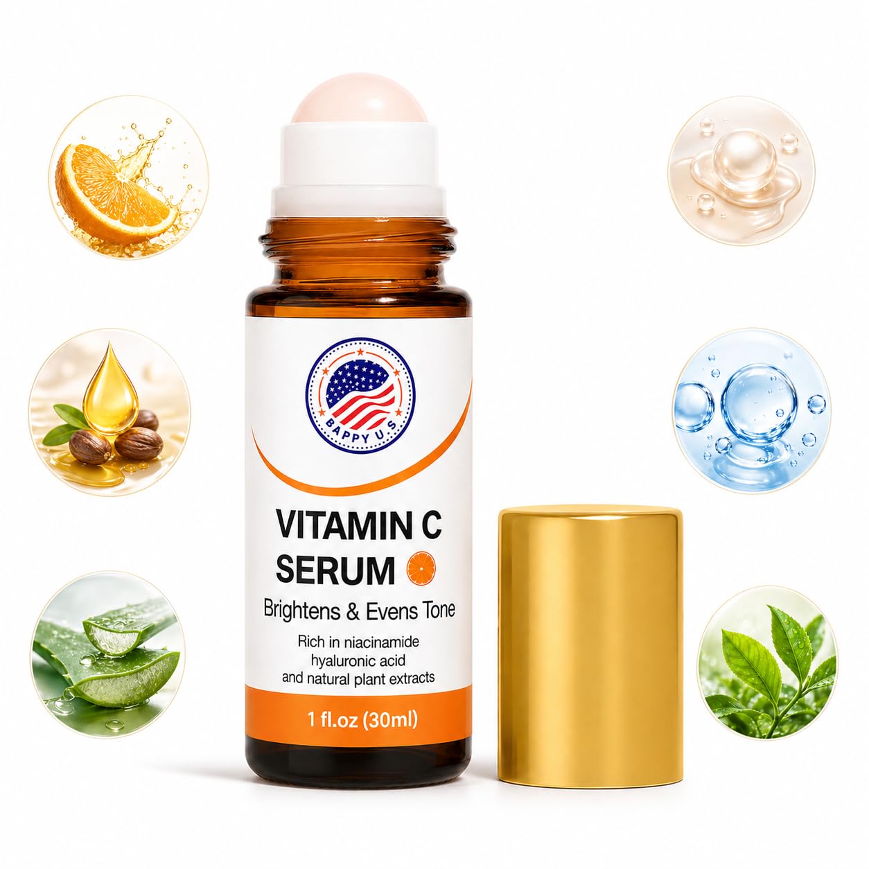 Vitamin C Serum Roll On for Face with Hyaluronic Acid, Vitamin E & Niacinamide – Brightening Anti Aging Facial Serum for Dark Spots, Fine Lines & Wrinkles – Hydrating, Even Tone, All Skin Types – 30ml