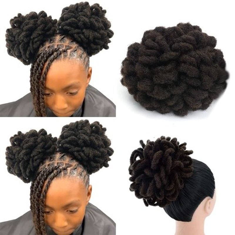Yinmei Baibian 2Pcs Dreadlocks Bun Drawstring Ponytail Hair Afro Locs Petal Buns Synthetic Nature Color Clip in on Braided Faux Locs Curly Dreadlock Puff Ponytails Hair Extensions for Black Women(4#)
