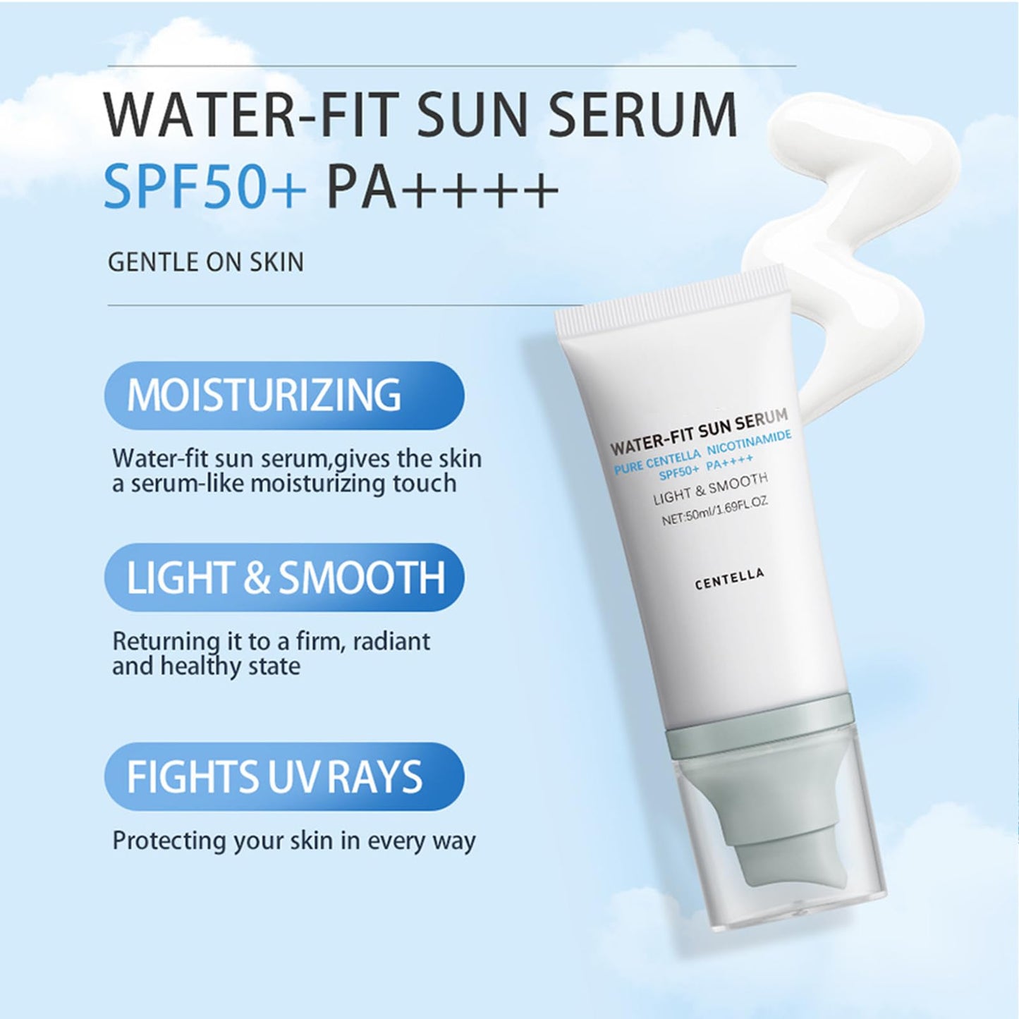 2 Pcs 𝐶𝑒𝑛𝑡𝑒𝑙𝑙á Sunscreen SPF50 PA++++, Hyalu Cica Water-Fit Sun Serum, Cen-tella Madagascar Face Sun Screen Long-Lasting Protection, Matte No White Cast for All Skin Type and UV Defense