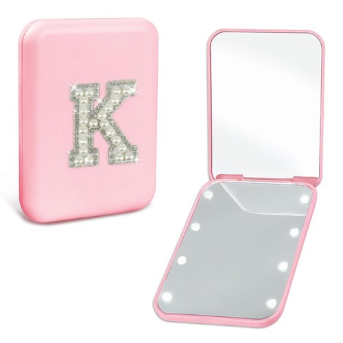 Aganmi Bridesmaid Gifts for Wedding Day Pearl Initial Travel Makeup Pocket Mirror with Lights Pink 1X/2X Magnification LED Cute Compact Mirror Bridal Shower Gifts Bridesmaid Proposal Gifts (K)