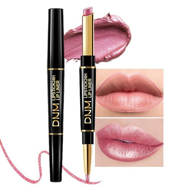 2 in 1 Light Pink Matte Lip Liner & Lipstick Combination, DNM Metallic Dual Ended Lipstick, Lip Liner, Lip Gloss, 24 Hour all Day Long-Lasting Waterproof Lipliners Pen for Women Lip Makeup Gift Set16#