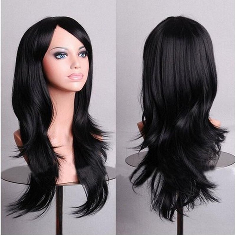 Luhuanx Wigs for Women Girls Long Wavy Heat Resistant Fiber Wigs Side Bangs Cosplay Party, Women's Wigs with Bangs Long Fluffy Curly Wavy (Black)