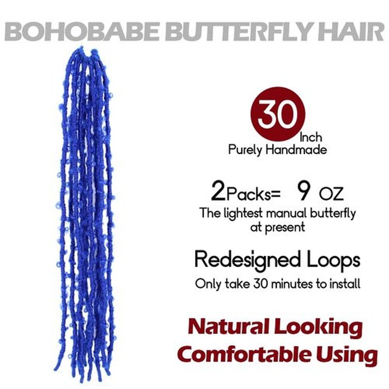 BOHOBABE 2 Packs Blue Butterfly Locs Crochet Hair 30 Inch Butterfly Faux Locs Crochet Hair Short Black Distressed Locs(2 Pscks, Blue)