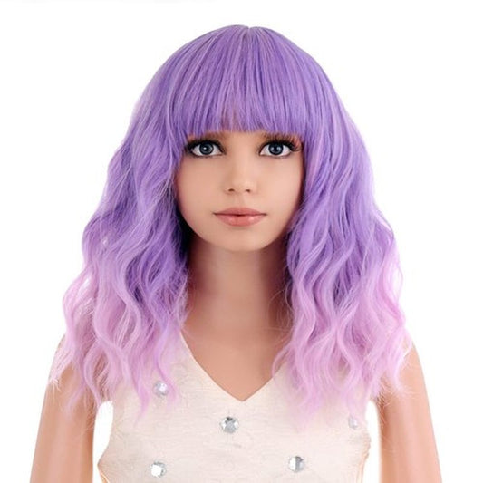 PATTNIUM Purple Wig Kids Child Wig Short Curly Wig Lavender Purple Wig for Kids Light Purple Pink Wig with Bangs Synthetic Hair Girls Wig (Purple Ombre Pink)