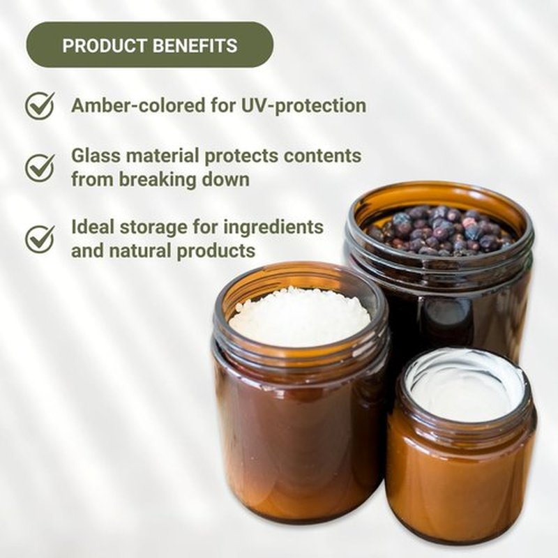 Nature Packaged Glass Amber 16oz Jar - 12 Packs, Empty Round Jars For Beauty Products, Lotion, and Powders - Black Lid - Small Candle Jars