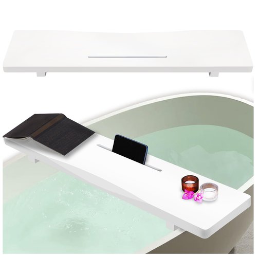 Stylish White 1.2IN Thickened Board Bamboo Bathtub Tray Caddy with Adjustable Legs, Minimalistic Design Bath Tray for Tub, Bathtub Accessories, Fits Most Bath Tubs, Ideal for Women