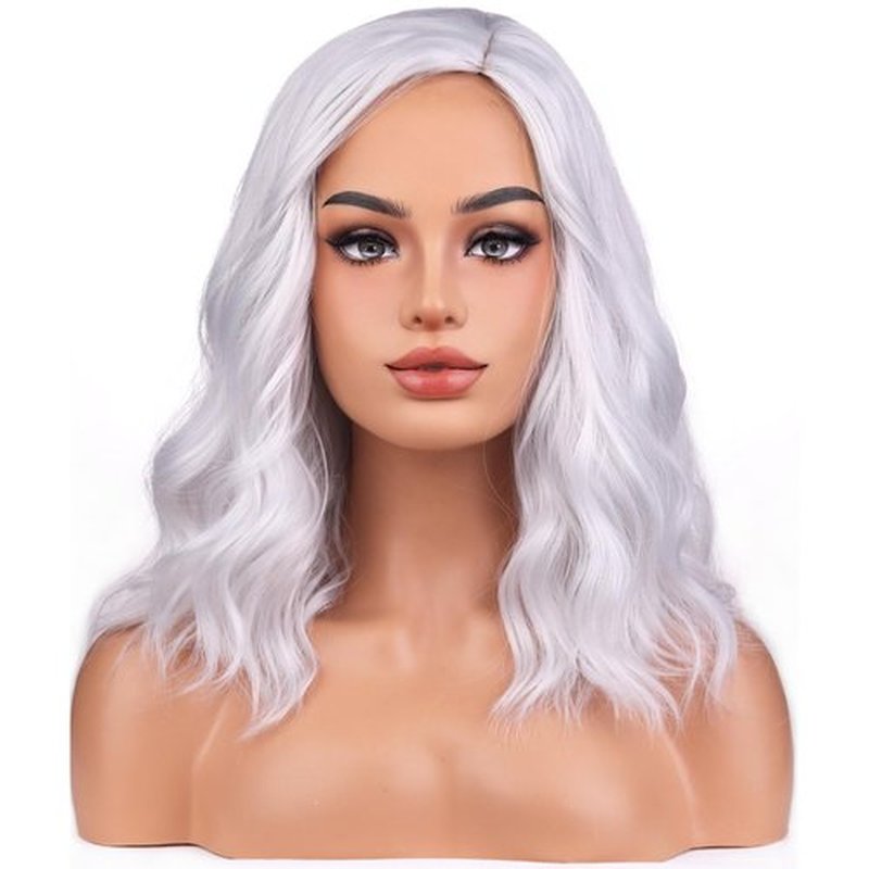 BERON Womens Silver White Short Wig Girls Curly Wavy Bob Hair Wig Shoulder Length Heat Resistant Synthetic Wigs for Daily or Cosplay Used
