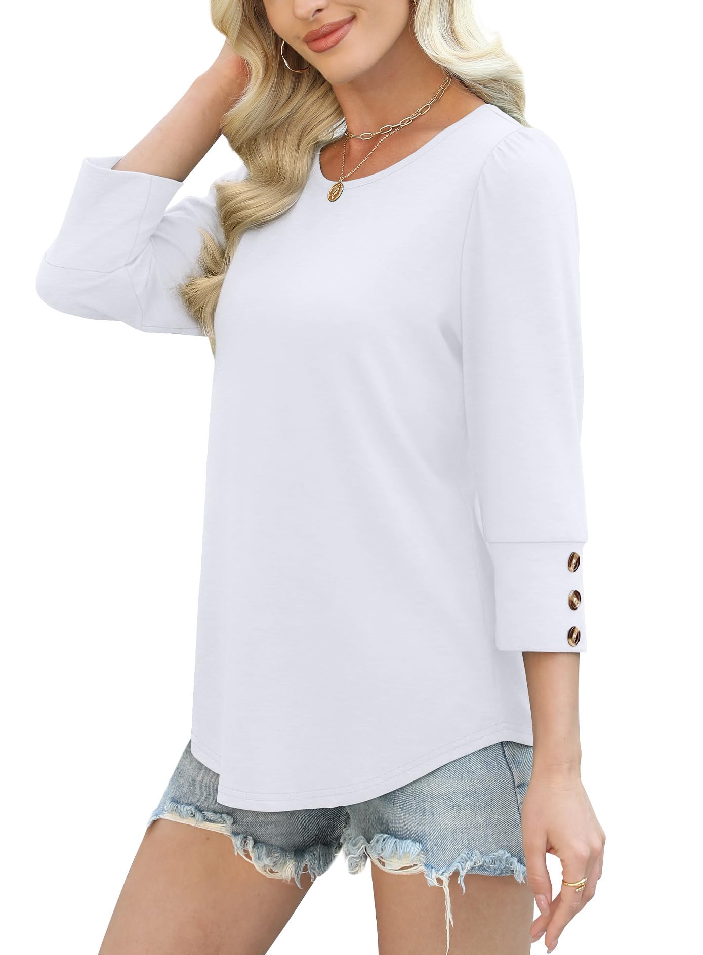 OFEEFAN Womens Tops 3/4 Sleeve with Buttons Dressy Casual Blouses Summer Outfits Beach Vacation Plus Size Spring Clothes