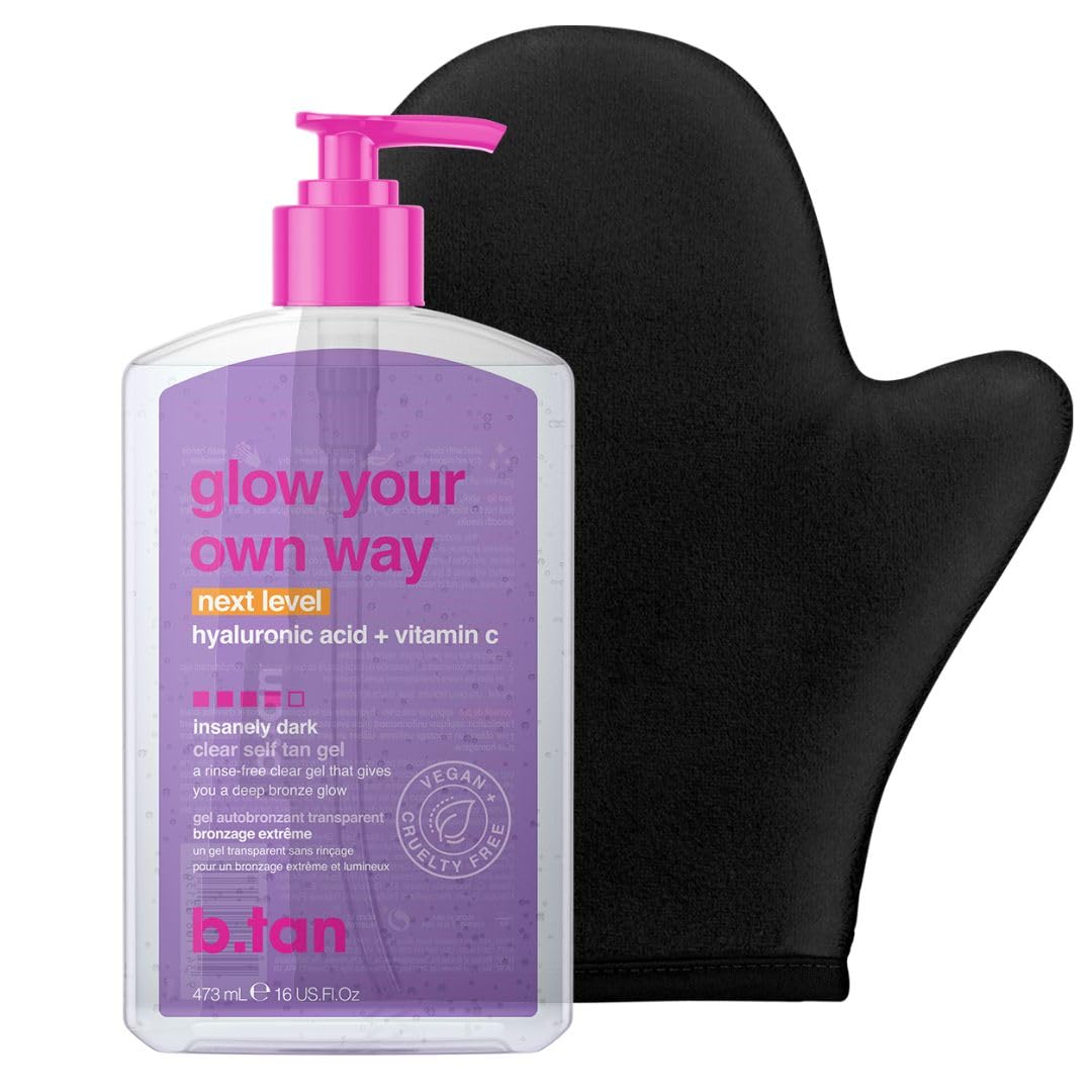 b.tan Best Clear Self Tanning Gel Kit | Glow Your Own Way Bundle - Ultra Dark, Quick Express Tanner for Face & Body with Applicator, No Transfer (Ultra Dark Gel with Mitt)