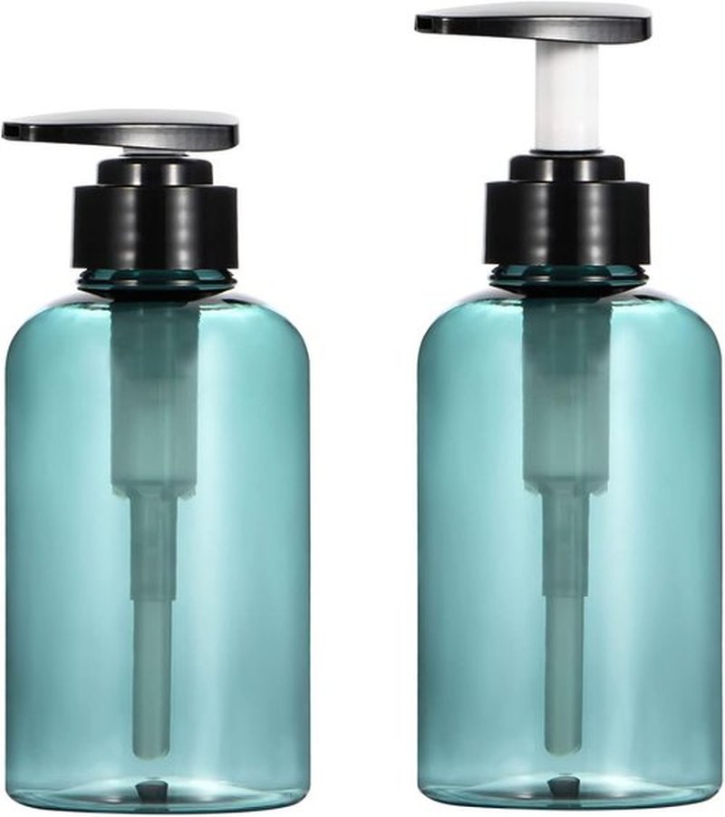 Yebeauty Empty Pump Bottle 10oz, 2 PCS Shampoo Bottles Dispenser with Pump Refillable Containers, 300ml Clear Blue