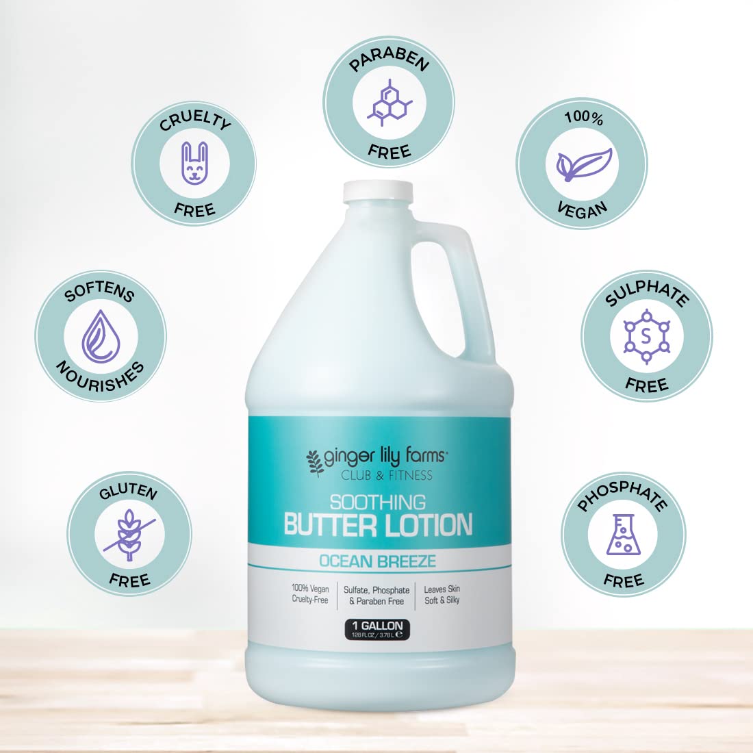 Ginger Lily Farms Club & Fitness Soothing Butter Lotion for Dry Skin, 100% Vegan & Cruelty-Free, Ocean Breeze Scent, 1 Gallon (128 fl oz) Refill